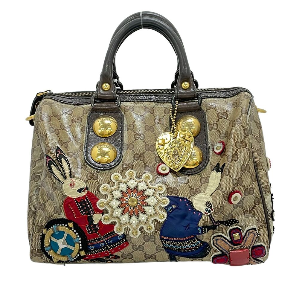 Gucci Babushka Crystal GG Handbag 207775 Beige Dark Brown Multi Coated Canvas